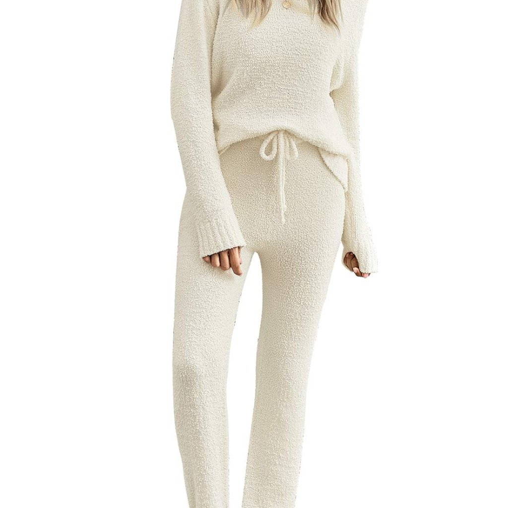 Fuzzy Fleece Knit Pajama Set Long Sleeve Cozy Loungewear Classic Chic